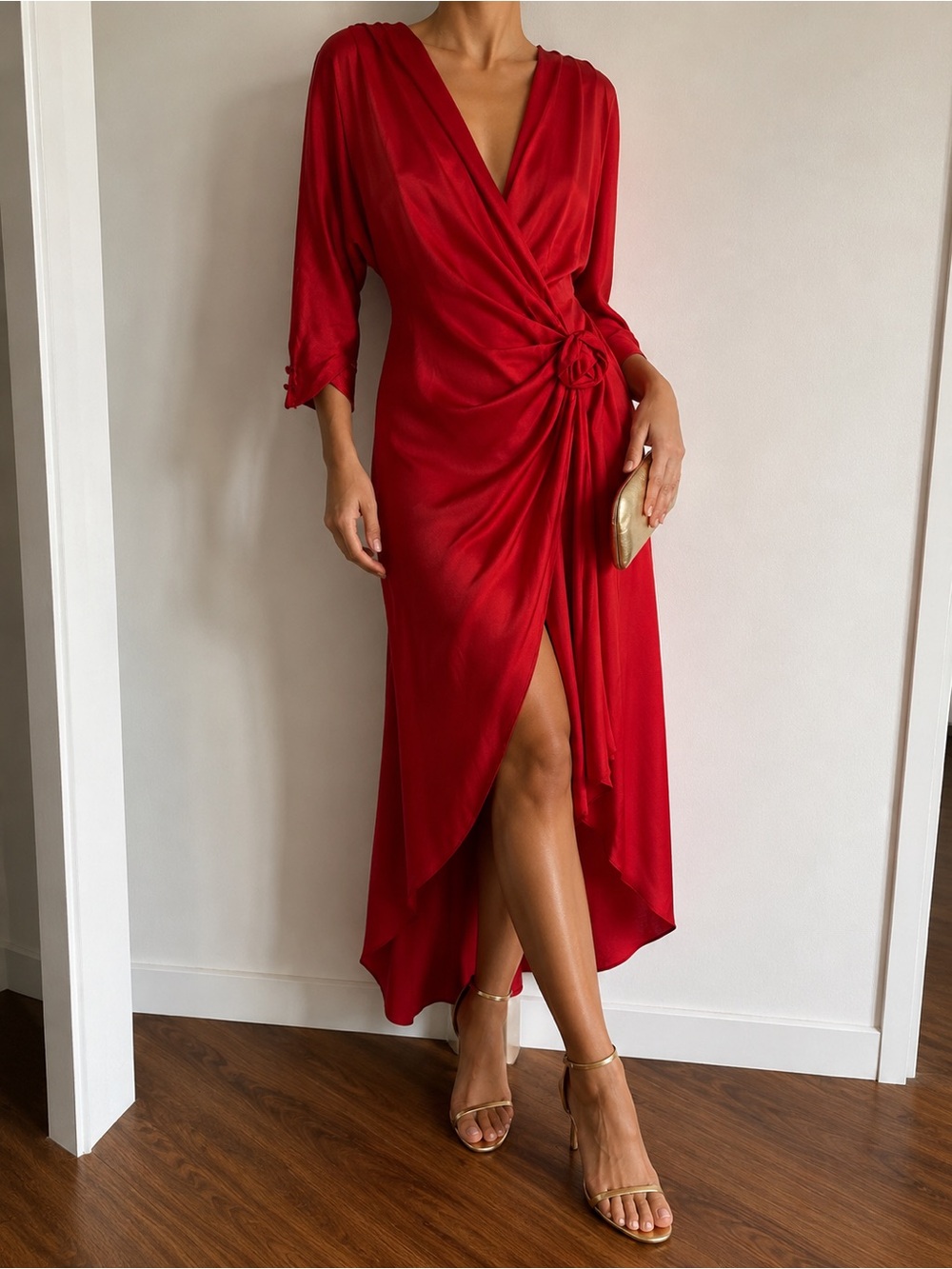 Draped Red Long-Sleeve Wrap Dress with Side Knot